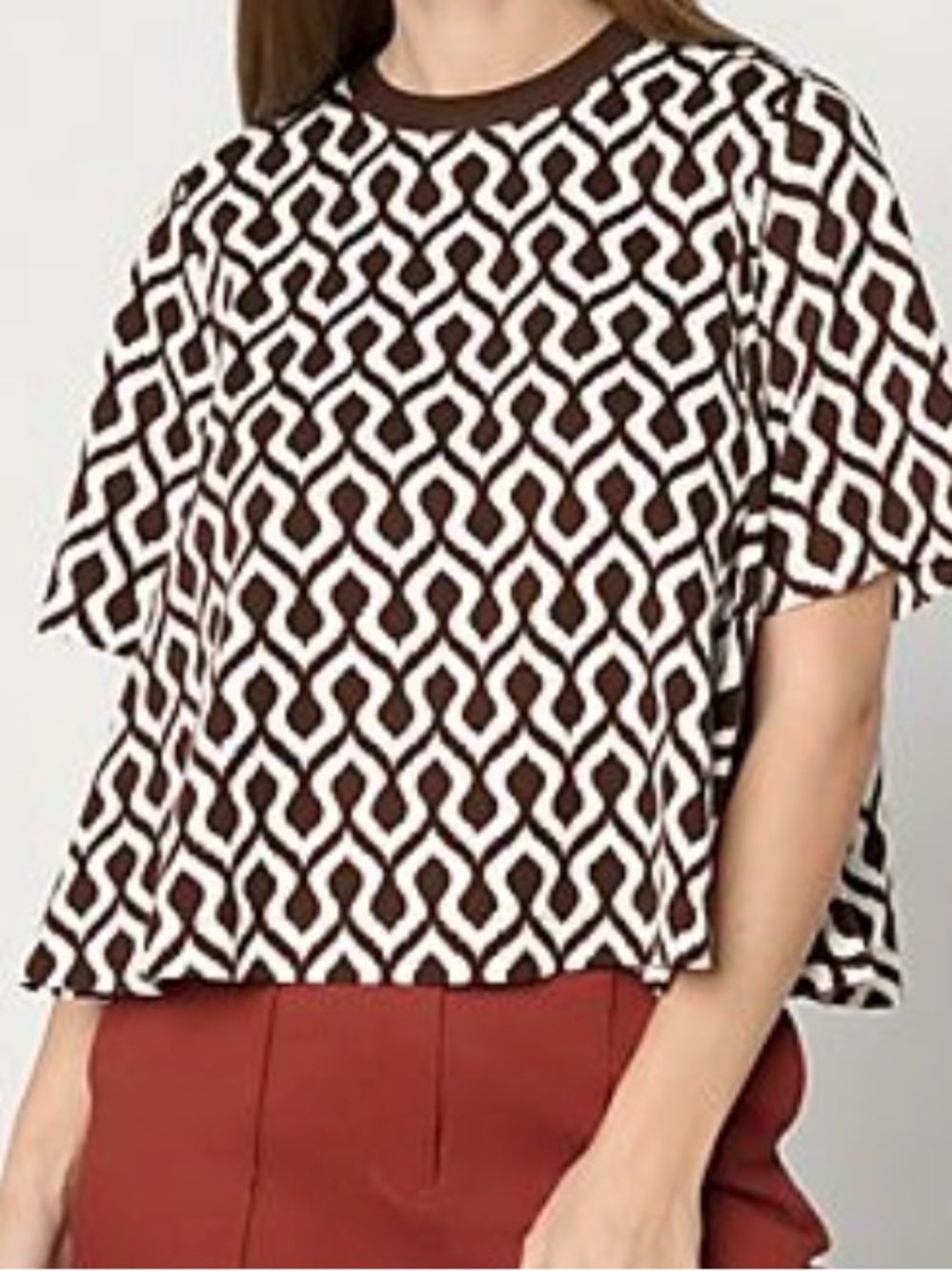 Carla Rockmore Geometric Print Short Sleeve Top in Brown and White